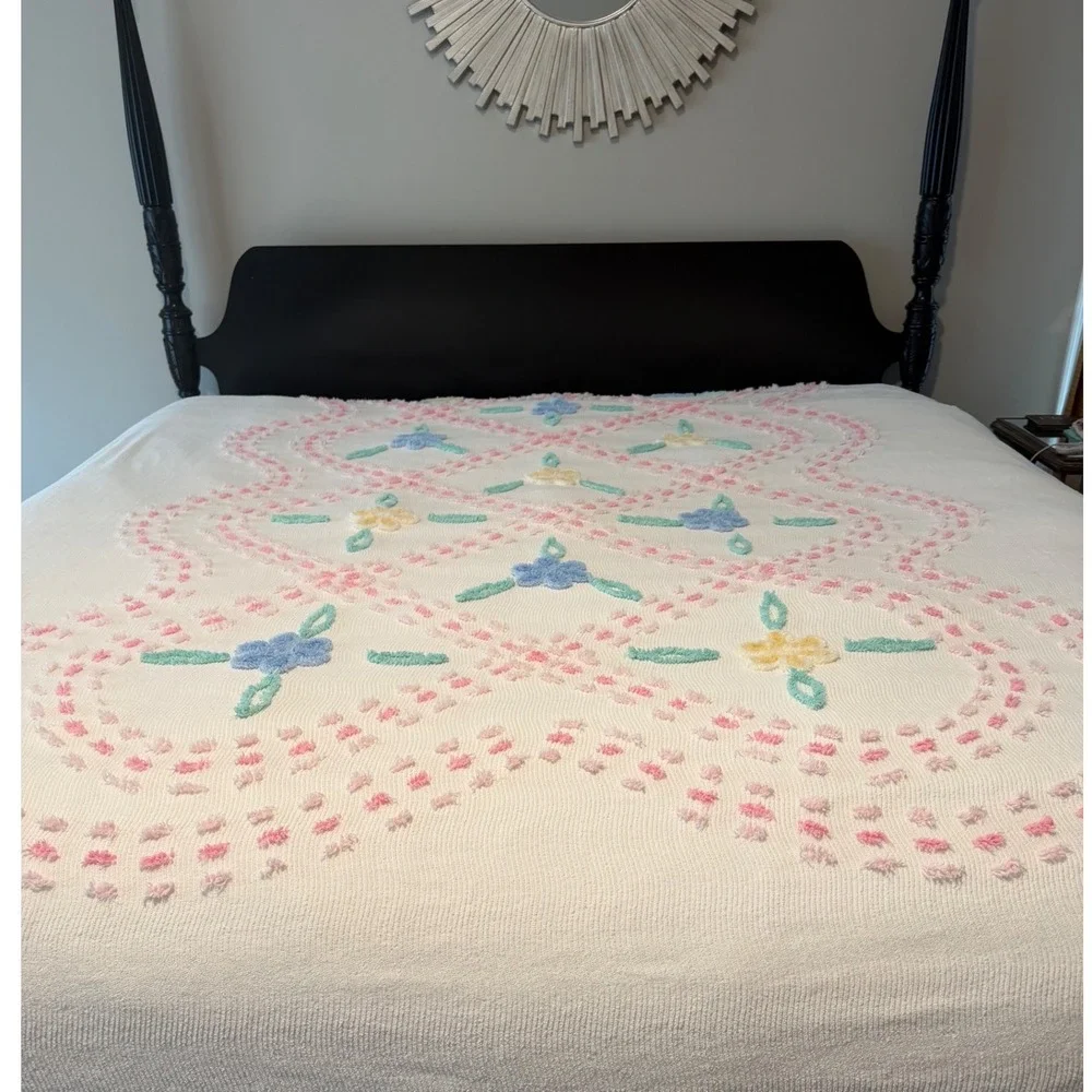 Vintage Chenille Floral Bedspread White Pink Blue Size 94x100 Shabby Chic Cotton